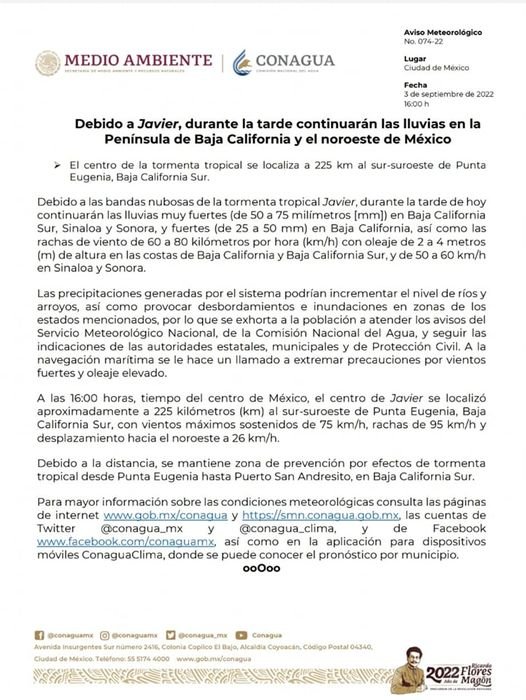 BOLETIN OFICIAL DE LA COMISIÓN NACIONAL DEL AGUA, DONDE SE ALERTA QUE SEGUIRÁ LL