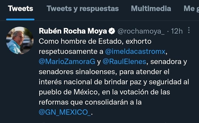 EXHORTA ROCHA A SENADORES SINALOENSES A VOTAR A FAVOR DE MILITARIZAR A LA GUARDI