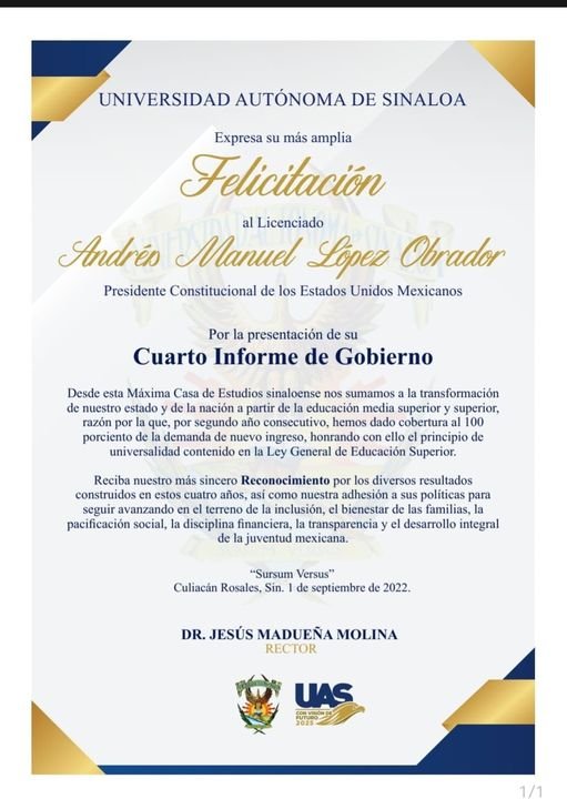 FELICITA LA LAS UAS AL PRESIDENTE LÓPEZ OBRADOR POR SU IV INFORME DE GOBIERNO.