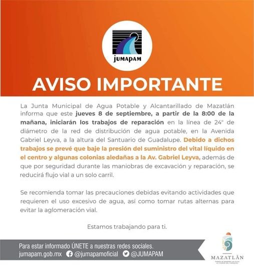 #JUMAPAM  ANUNCIA REDUCCIÓN TEMPORAL EN  EL SUMINISTRO DE AGUA ESTE  #JUEVES  8,