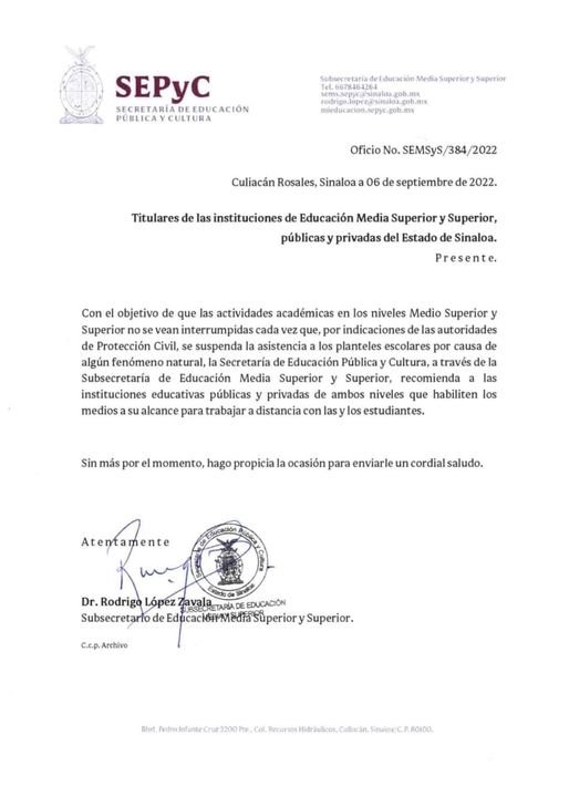 RECOMIENDA SEPYC A LAS INSTITUCIONES DE EDUCACIÓN MEDIA Y SUPERIOR, ANTE LA SUSP