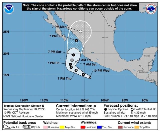Se ha generado la depresion tropical 16-E en el Océano Pacífico, cuya trayectori
