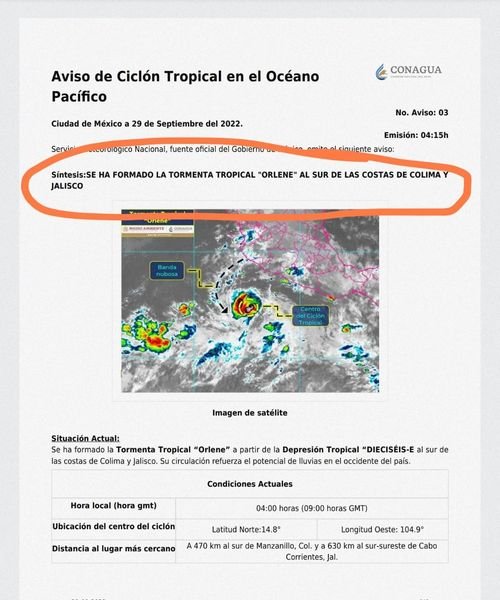 Tormenta Tropical «Orlene» no representa peligro para Sinaloa
