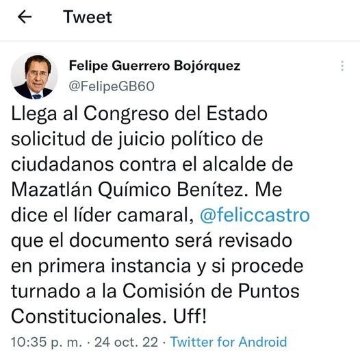 AHORA LLEGA AL CONGRESO SOLICITUD DE JUICIO POLÍTICO CONTRA EL QUÍMICO BENÍTEZ.