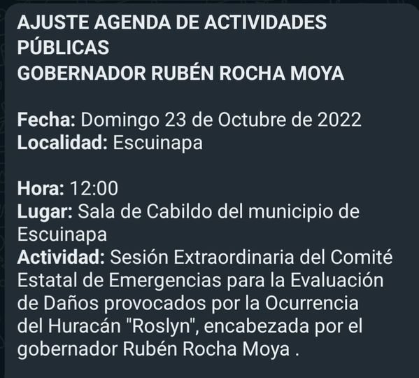 AJUSTE EN LA AGENDA DEL GOBERNADOR RUBÉN ROCHA. ESTARÁ HOY A LAS 12 MEDIODÍA EN