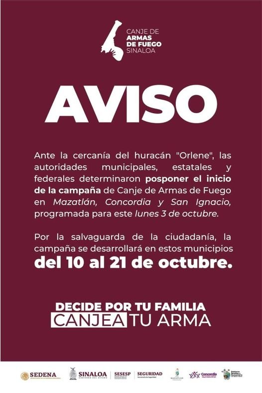 ANTE CERCANÍA DE “ORLENE” SE POSPONE CANJE DE ARMAS EN MAZATLÁN