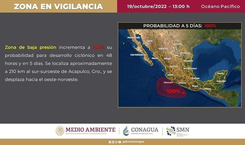 AVISO DEL CLIMA..   La zona de Baja Presión localizada en el océano Pacífico aho