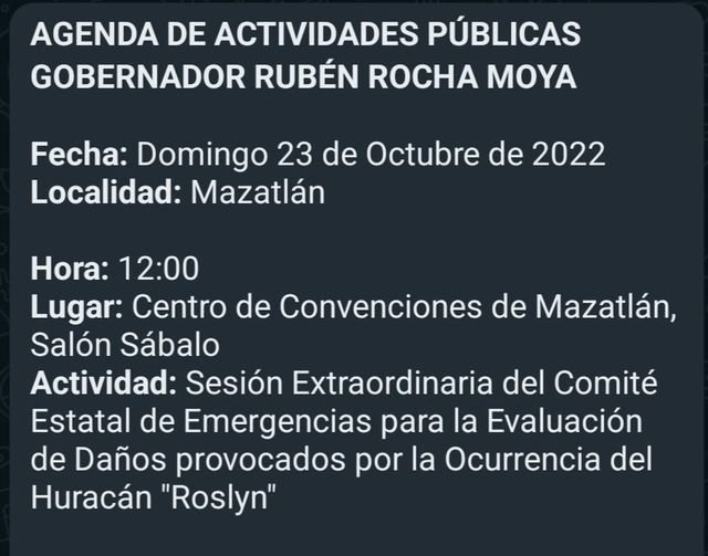 De acuerdo a la agenda pública del gobernador Rubén Rocha, este domingo 23 de oc