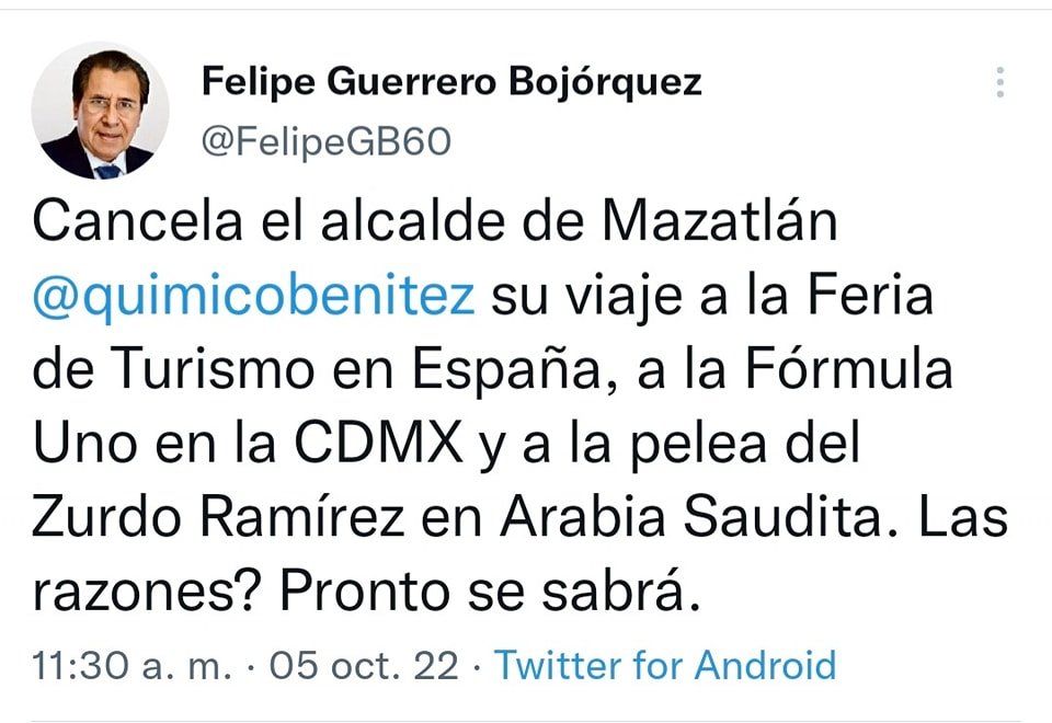 EL ALCALDE DE MAZATLÁN, LUIS GUILLERMO BENÍTEZ, TERMINA DE TAJO CON SUS VIAJES.