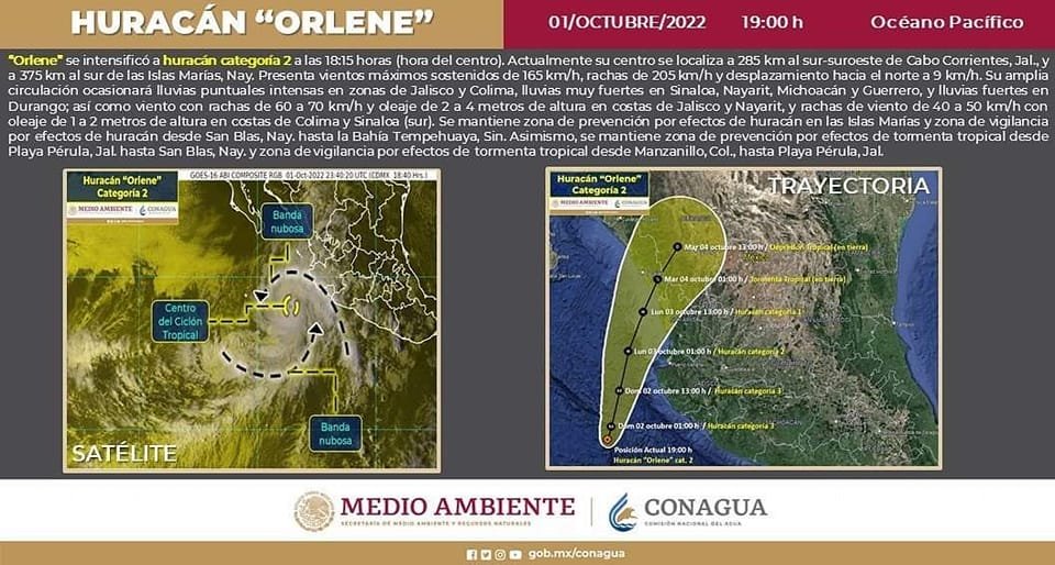 #ENTÉRATE: “ORLENE” Se ha intensificado a huracán de categoría 2.