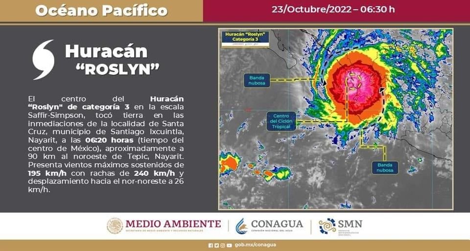 El #Huracán #Roslyn impactó como categoría 3 a las 6:20 horas, tiempo del centro