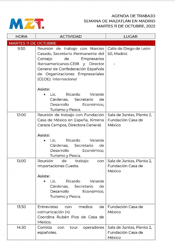 Luego de publicada la agenda para Mazatlán de la Casa México en España, la Deleg