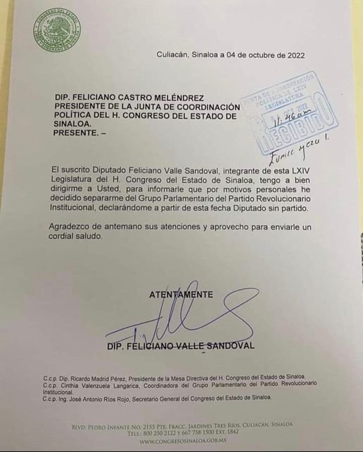 RENUNCIA EL DIPUTADO FELICIANO VALLE AL GRUPO PARLAMENTARIO DEL PRI EN EL CONGRE