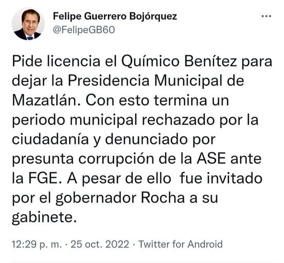 «RENUNCIA » EL QUMICO BENITEZ PARA DEJAR LA ALCALDIA