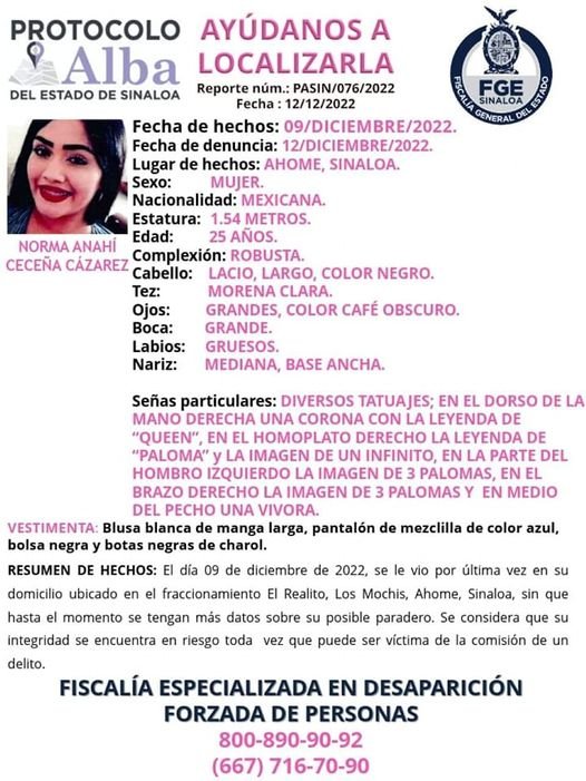 #FiscalíaSinaloa SOLICITA LA COLABORACIÓN CIUDADANA PARA LOCALIZAR A NORMA ANAHI