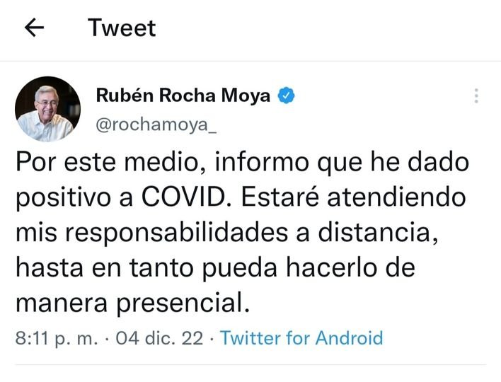 GOBERNADOR RUBÉN ROCHA REPORTA QUE SE CONTAGIÓ DE COVID.