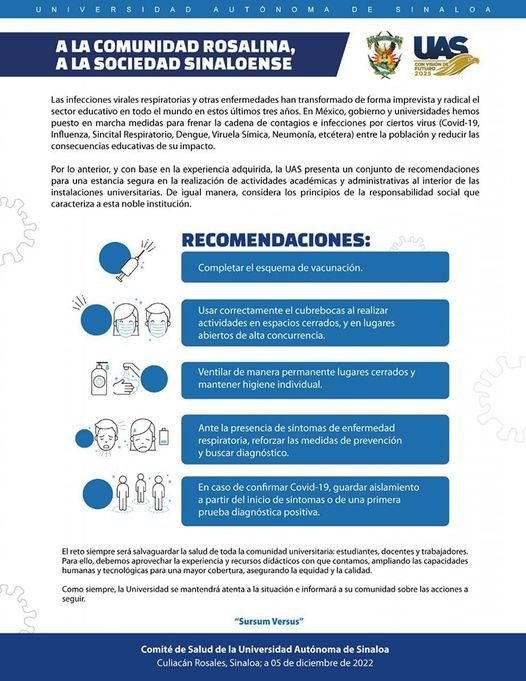 LA UAS RECOMIENDA DIVERSAS MEDIDAS DE PREVENCIÓN DE LA SALUD A SU COMUNIDAD.