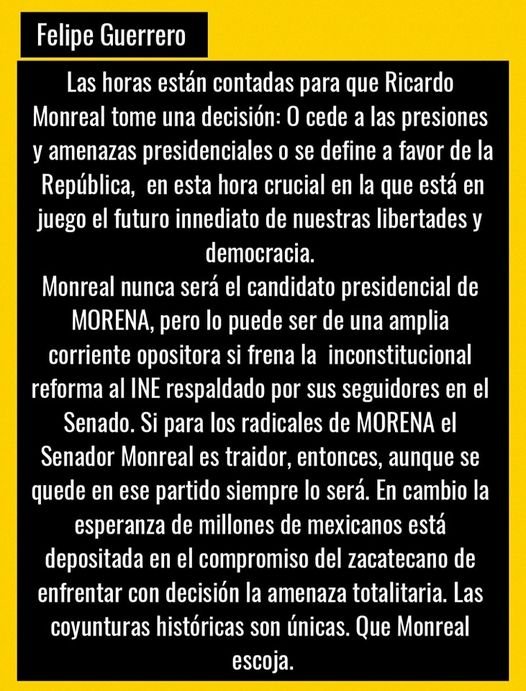 MONREAL: SE LLEGÓ LA HORA HISTÓRICA DE LAS DEFINICIONES.