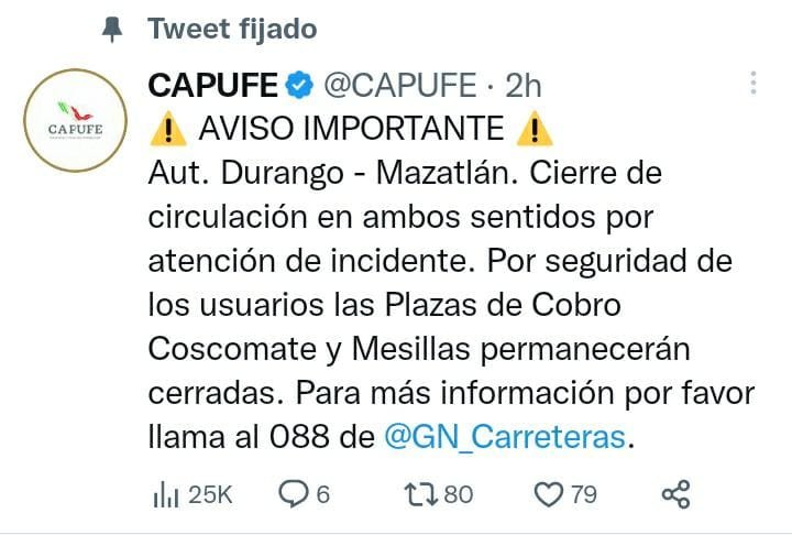 Cierran circulación en la carretera Mazatlán- Durango Cierran circulación en la carretera Mazatlán- Durango