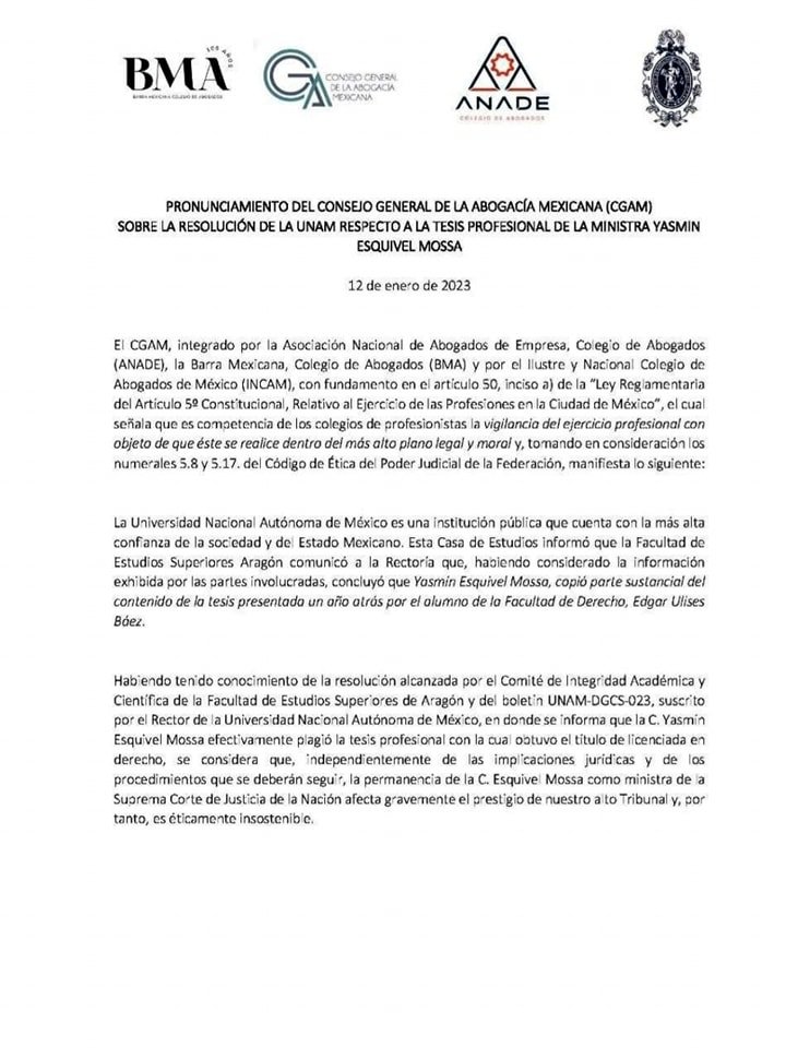 EL CONSEJO GENERAL DE LA ABOGACÍA MEXICANA PIDE A YASMÍN ESQUIVEL MOSSA RENUNCIE