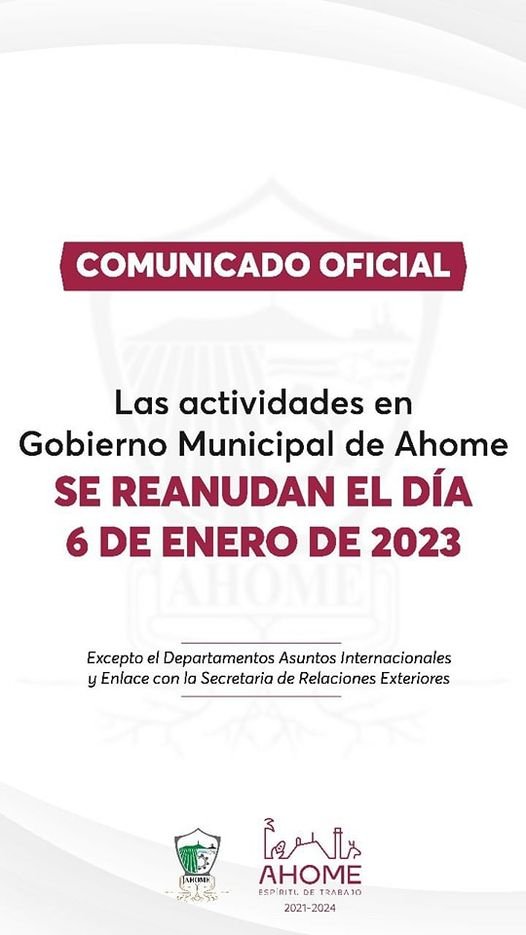 GOBIERNO DE AHOME ANUNCIA QUE ESTE VIERNES 06 DE ENERO REANUDARÁ ACTIVIDADES.