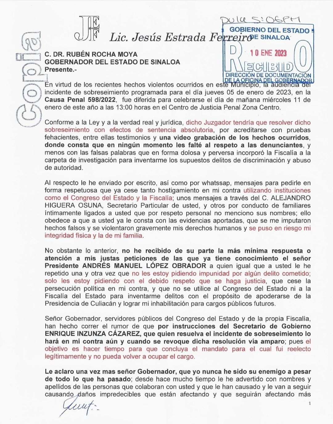 JESÚS ESTRADA FERREIRO, EN CARTA DIRIGIDA AL GOBERNADOR RUBÉN ROCHA, LE PIDE CES