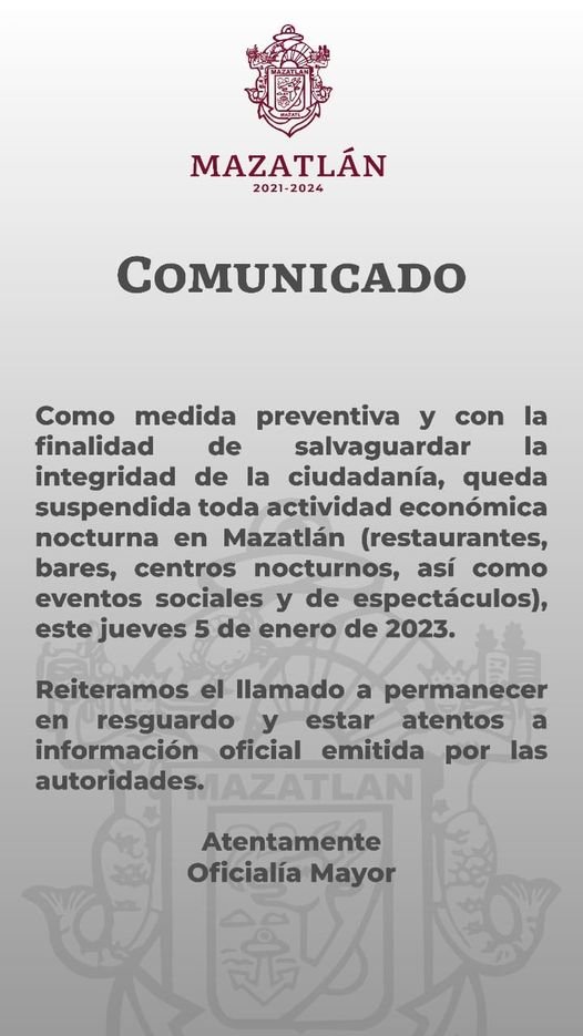 *Suspende Oficialía Mayor actividad nocturna en Mazatlán.*