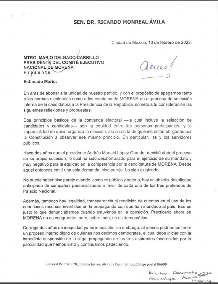 En una carta dirigida a Mario Delgado, dirigente nacional de MORENA, el Senador En una carta dirigida a Mario Delgado, dirigente nacional de MORENA, el Senador