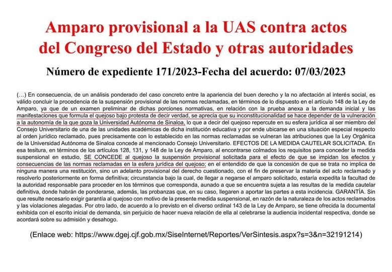ESTA ES LA RESOLUCIÓN DEL JUEZ OCTAVO DE DISTRITO A FAVOR DE LA UAS, CONTRA ACTO