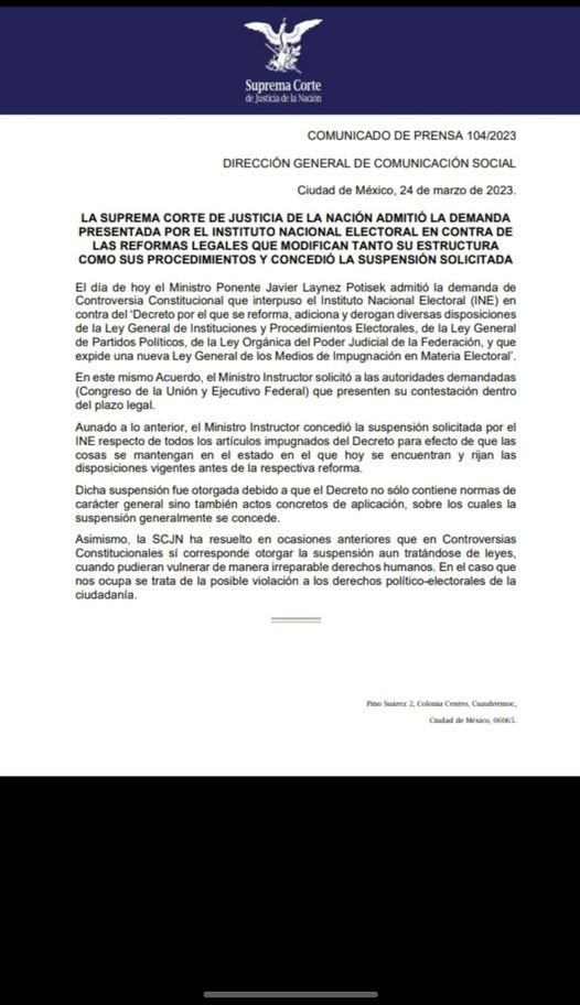 La *SCJN* concede suspensión indefinida al INE Mexico contra todo el «Plan B» El