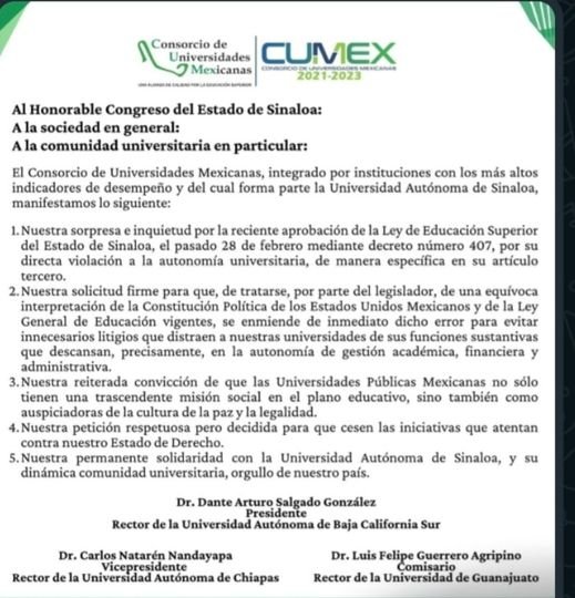 Solicita CUMex a diputados de Sinaloa enmendar error en la Ley de Educación Supe