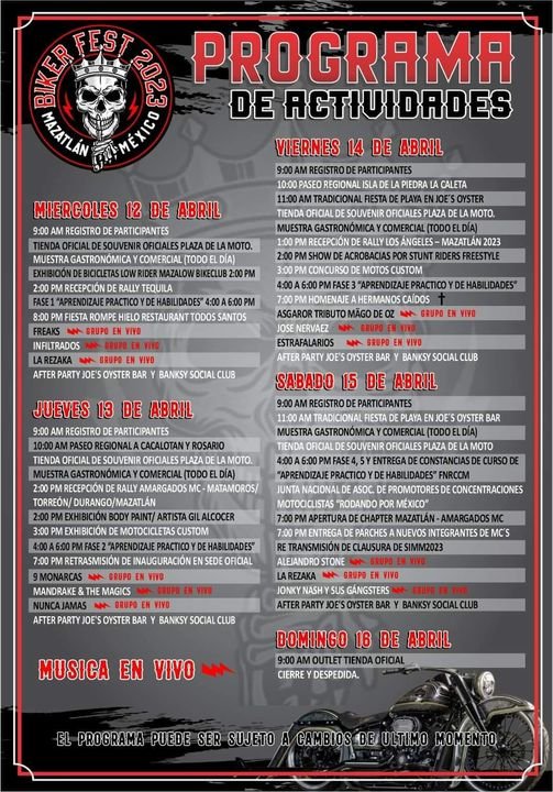 Te compartimos el programa de actividades del biker fest..