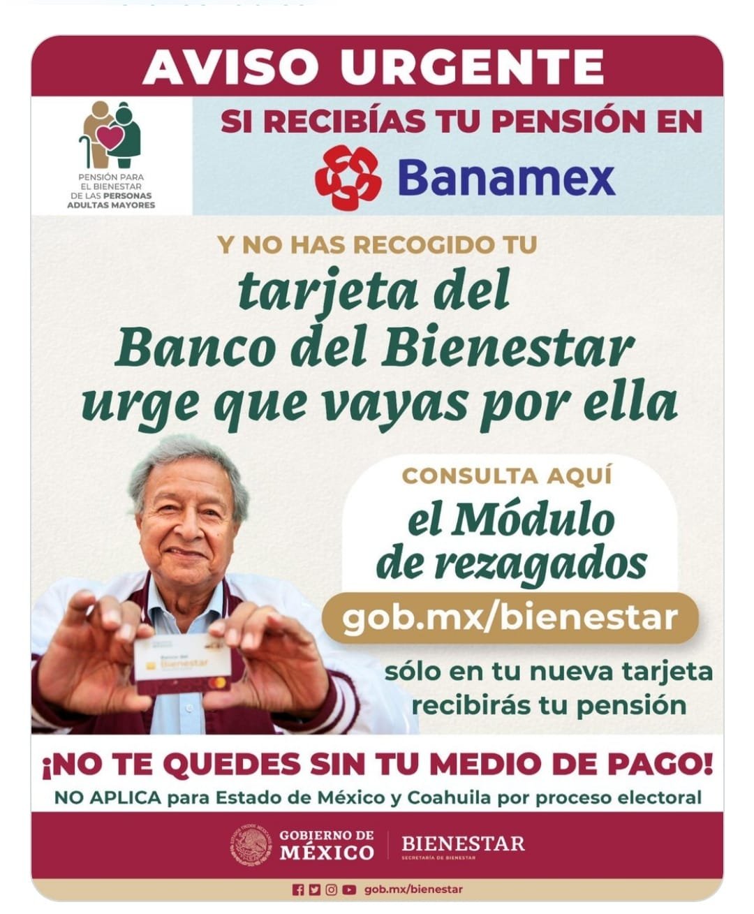 A LOS ADULTOS MAYORES QUE RECIBEN PENSIÓN DE BIENESTAR Y TIENEN TARJETA BANAMEX