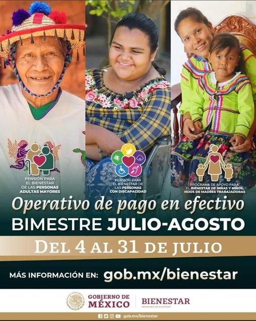Del 4 al 31 de Julio se realizará el pago en efectivo de las #PensionesBienestar Del 4 al 31 de Julio se realizará el pago en efectivo de las #PensionesBienestar
