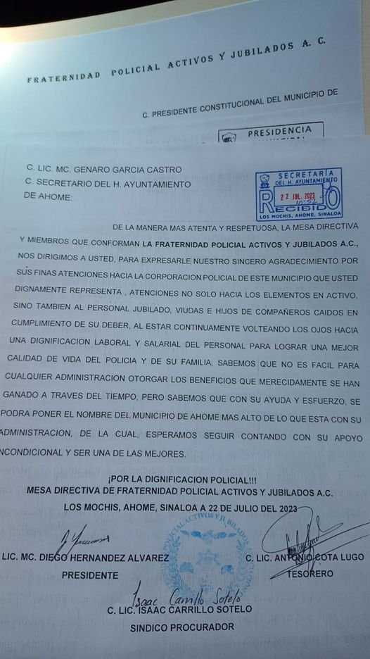 LA FRATERNIDAD «POLICIAS ACTIVOS Y JUBILADOS A. C. » , AGRADECEN AL SECRETARIO D LA FRATERNIDAD «POLICIAS ACTIVOS Y JUBILADOS A. C. » , AGRADECEN AL SECRETARIO D