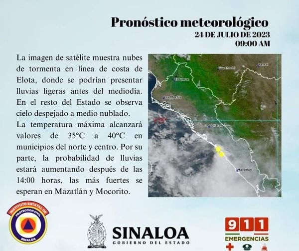 Pronóstico del día de hoy lunes 24 de julio. La probabilidad de lluvias estará a Pronóstico del día de hoy lunes 24 de julio. La probabilidad de lluvias estará a