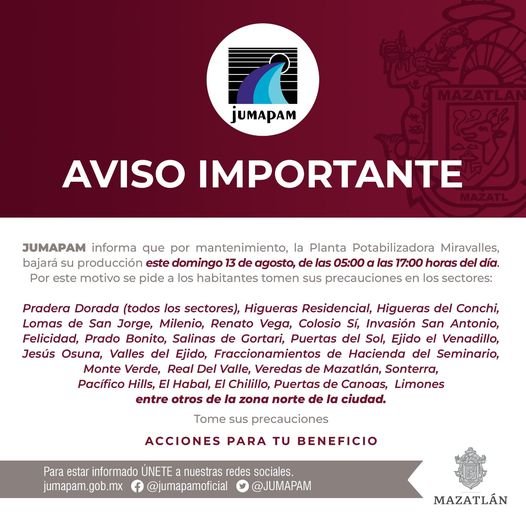 ATENCIÓN A TODAS LAS COLONIAS DEL NORORIENTE Y NORPONIENTE DE MAZATLÁN: POR MANT