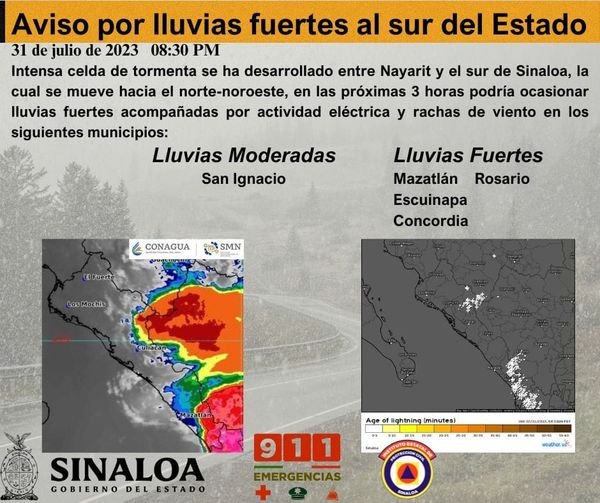 Aviso por lluvias fuertes al sur del estado