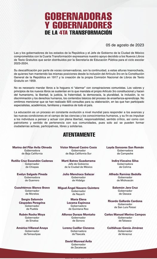 Posicionamiento de las y los gobernadores de la Cuarta Transformación, en apoyo Posicionamiento de las y los gobernadores de la Cuarta Transformación, en apoyo