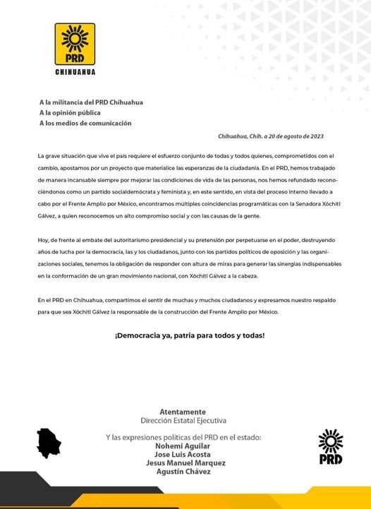 SE ABRE EL PRD EN CHIHUAHUA A FAVOR DE XOCHITL.