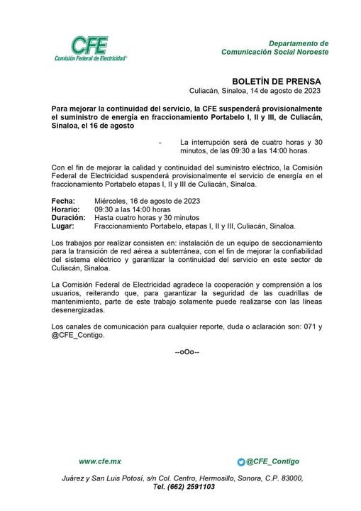 ¡Atención Culiacán!  CFE interrumpirá el sevicio en Portabelo el próximo 16 de a