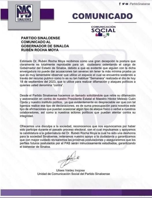 SOLICITA EL PAS A ROCHA RETIRE «ASEVERACIÓN Y DIFAMACIÓN» EN CONTRA DE CUÉN.