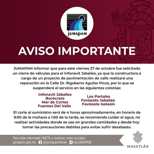 CORTE AL SUMIITRO POR REPARACIÓN EN JABALÍES CORTE AL SUMIITRO POR REPARACIÓN EN JABALÍES