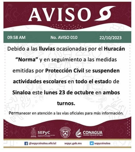 . Debido a las lluvias ocasionadas por el Huracán “Norma”, se suspenden activida . Debido a las lluvias ocasionadas por el Huracán “Norma”, se suspenden activida