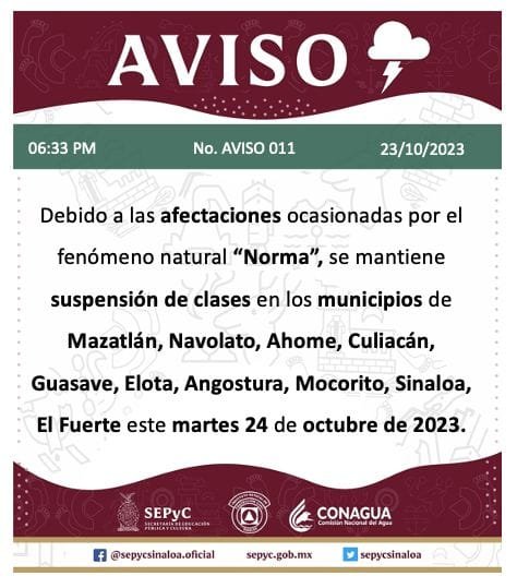 Por afectaciones de «Norma», se suspenden clases en 10 municipios de Sinaloa par