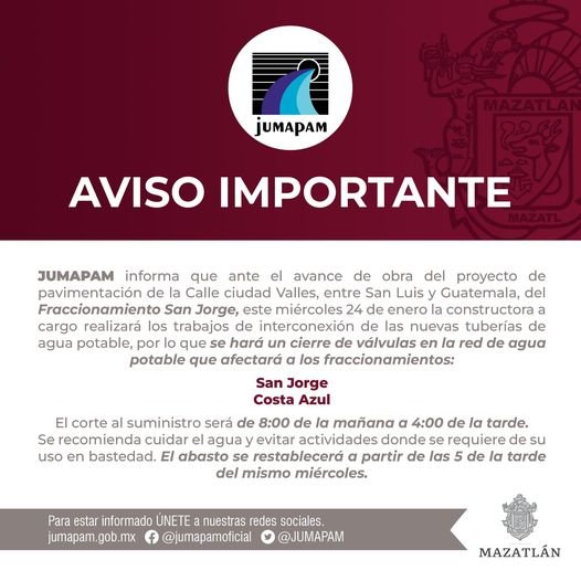 CORTE AL SUMINISTRO POR AVANCE DE OBRA EN SAN JORGE Y COSTA AZUL