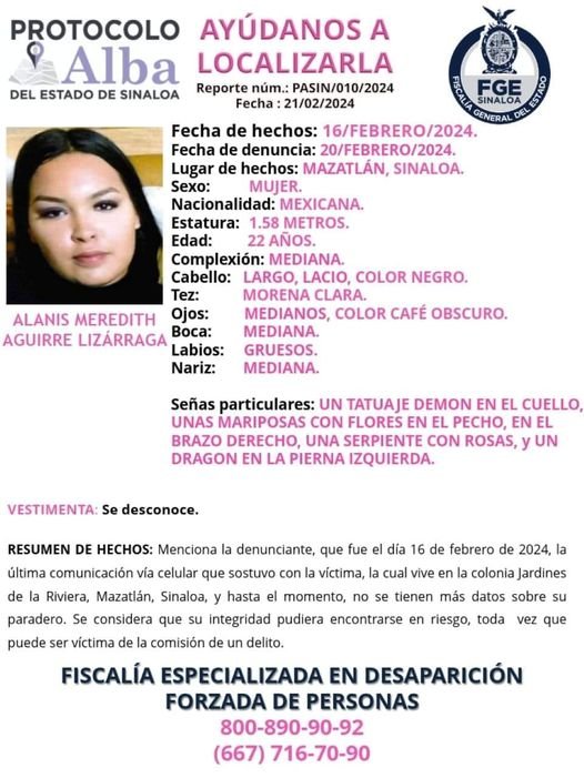 #FiscalíaSinaloa solicita su valiosa colaboración para localizar a ALANIS MERED