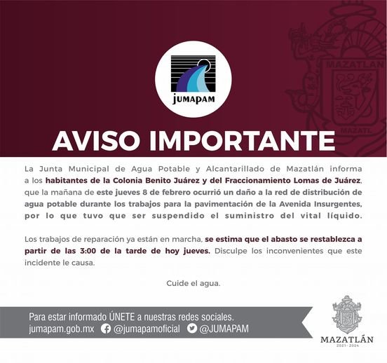 SUSPENSIÓN DEL SUMINISTRO EN JUÁREZ POR DAÑO A LA RED