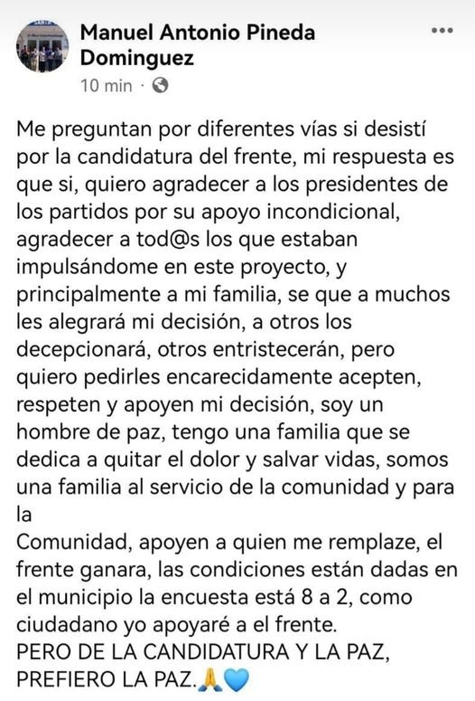 De la candidatura y la paz prefiero la paz, concluye el Dr. Manuel Antonio Pined