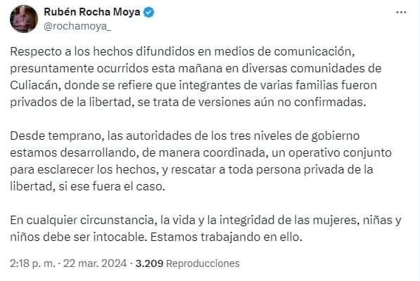 El Gobernador, desde su cuenta oficial de Twitter, aclara: Reportes extraoficial